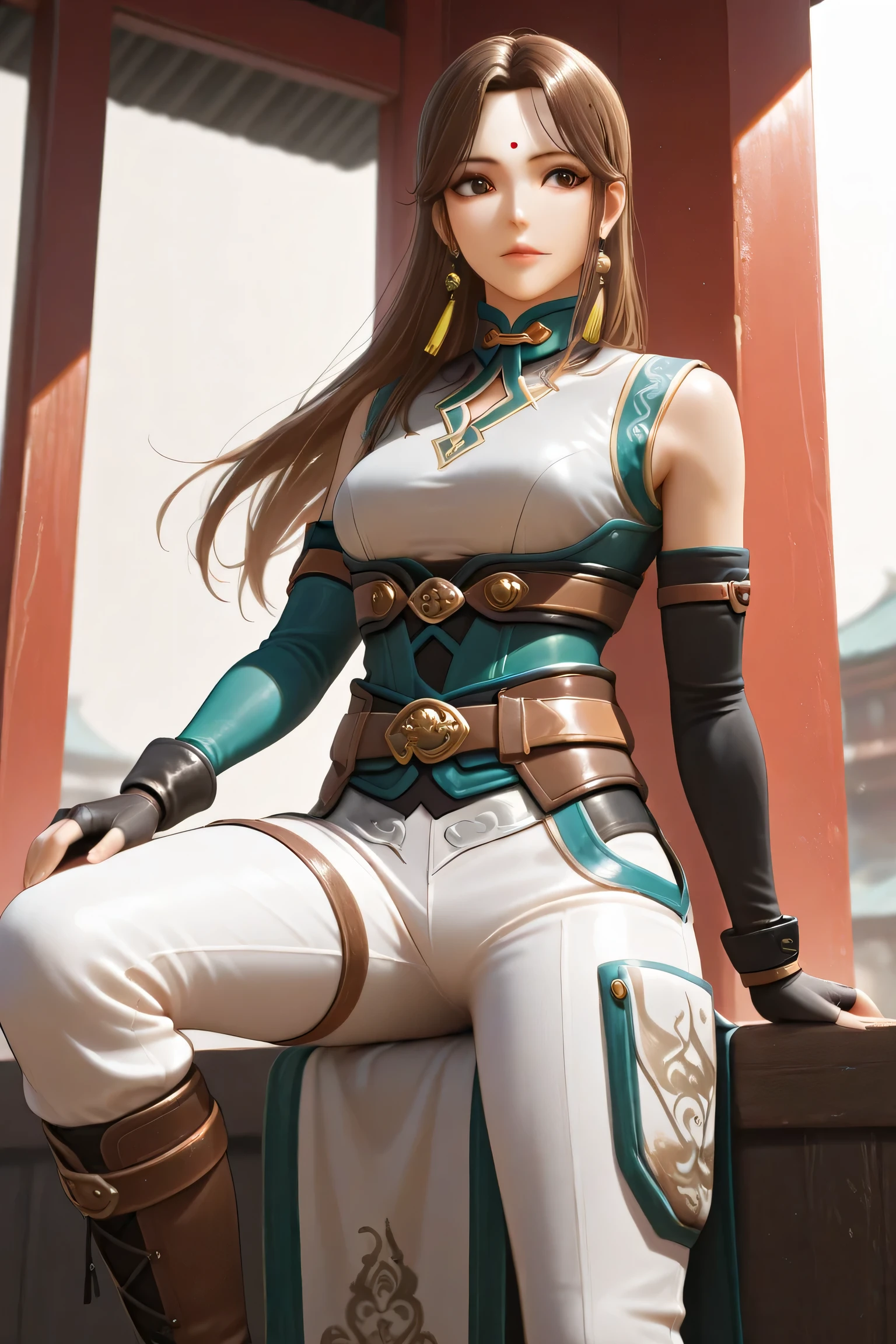 brown eyes,brown hair,bindi,tassel earrings,jewelry,lips,long hair,earrings,
belt,black gloves,boots,white pants,chinese clothes,detached sleeves,elbow gloves,fingerless gloves,gloves,sleeveless,