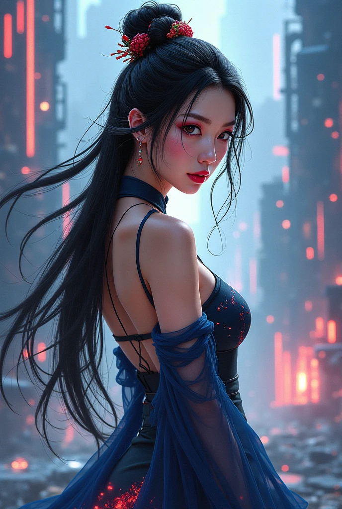Masterpiece,Best quality, A still from a dark fantasy movie from the 90s,(pastel colour, dim colors, soothing tones:1.5),blend, Medium shot, Bokeh, (hdr:1.4), Masterpiece,conceito, 4K, HD, Cute girl in lingerie, Oriental dancer dress, Bare belly, black colored leggings, (Cinematic, Red and black :0.85), dramatic pose, skinny pants, Sitting, Cyberpunk,