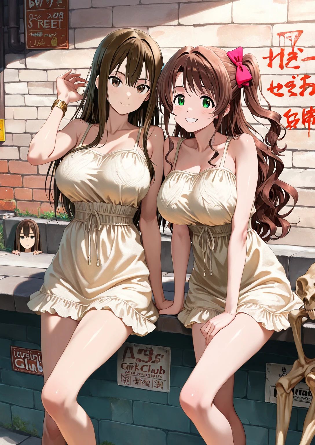 asakura_yume,Brown Hair,Medium Chest,Aqua Eye,White skin,Slums,((Are standing)),((Breast augmentation)),((Beige cardigan),(((((green_Summer Dresses))))),((valley)),No bra,smile,