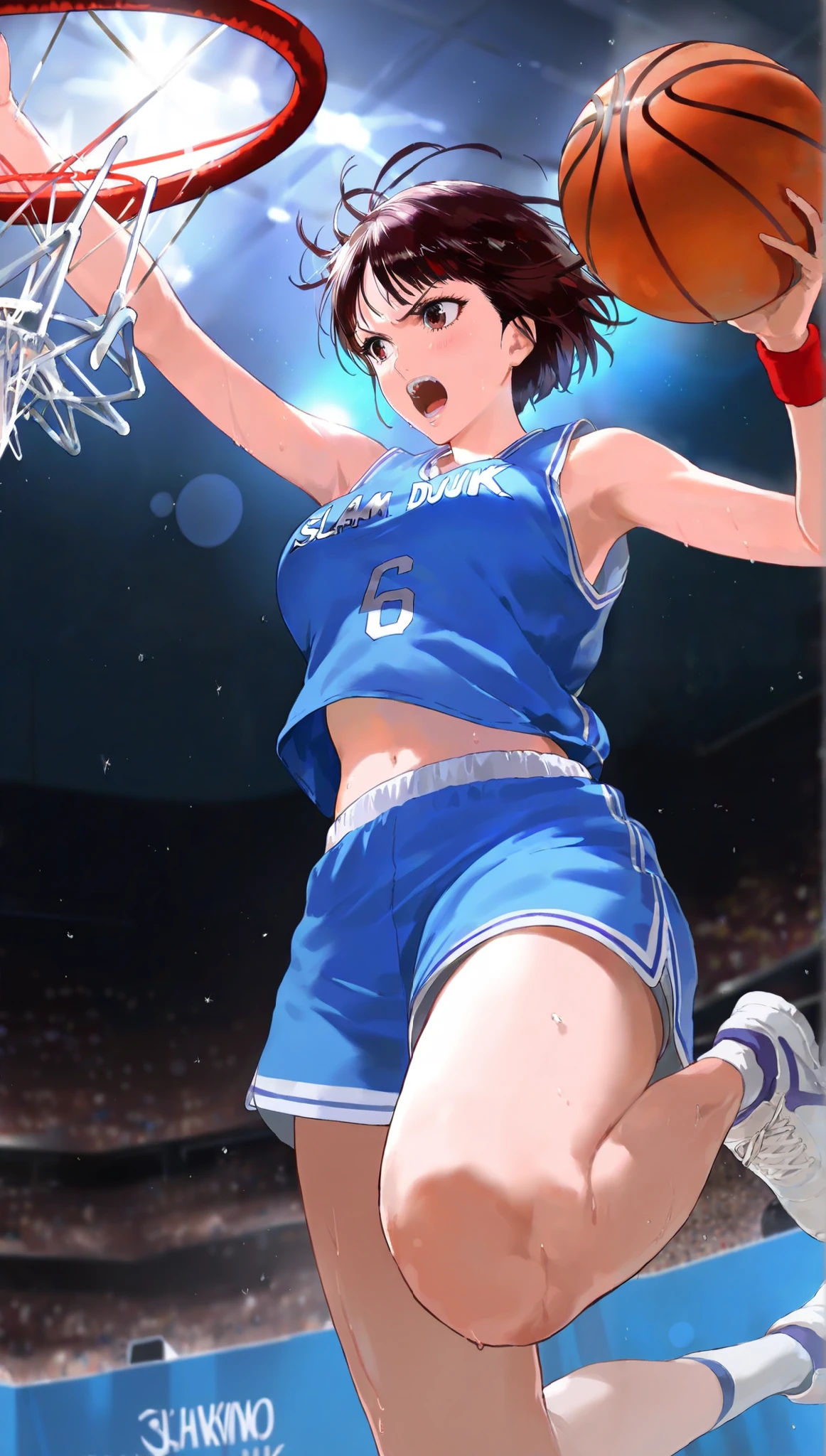 illustration , dramatic lighting , masterpiece , best quality , ultra-detailed , photorealistic depiction of a slam dunk contest in basketball court . many girls panicking in background, 1 girl dunking on the basketball ring,dramatic action shot , neon lights, lens flare . colorful lighting, the setting is very bright and colorful, sweaty, NBA, 3/4 body. (super sharp focus), (slam dunk, into basketball ring infront of her), (holding 1 ball with 1 hand), bursts of colors,(the girl jumping in the air to score a dunk shot, about to dunk the ball)