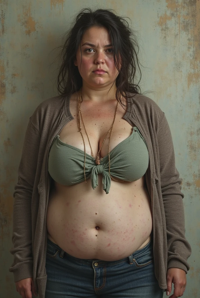 Jewish woman, black hair, black eyes, shaggy bearded torso, hairy chest, hairy legs, wears a pink low-cut dress