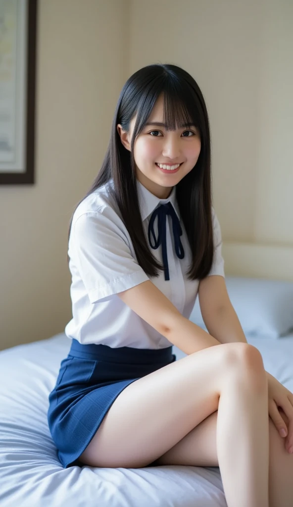 1girl, sit on a chair, full body, Japanese, (), middle School girls, simple white shirt, short sleeve, open clothes, (off shoulder), middle breast, (cle, navy bl, thighs, (12 years old face), black , smile ,classroom