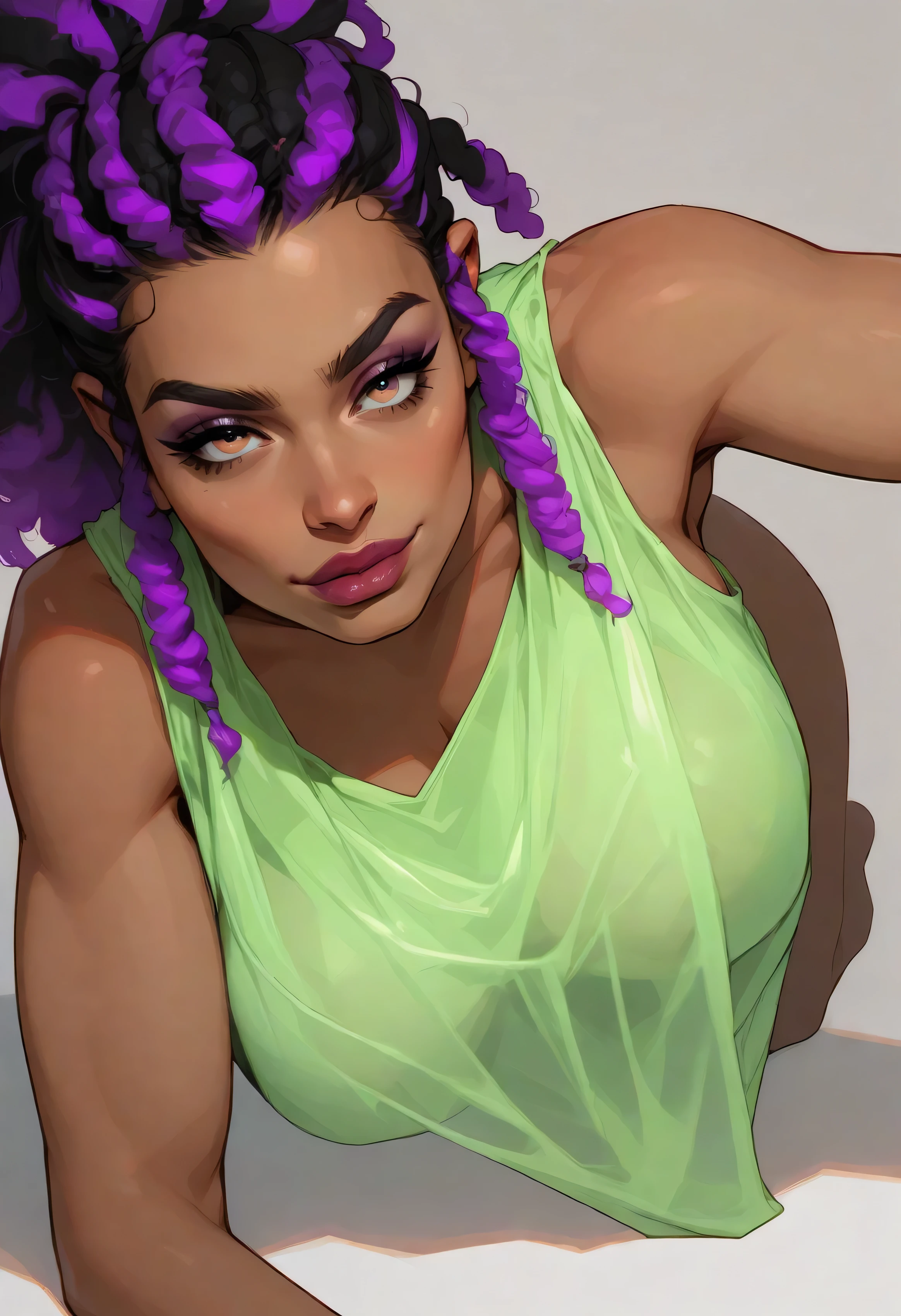 ((Black Loose Fit Outfit. Green See-through Clothes)). Seductive milf. Orange Dreadlocks with Purple highlights. Intricate Clothes. Dark skin. Amber eyes. Flawless appearance. dnd character. dnd. ((Laying down with head hanging off edge)), busty, Seductive big lips, ((Eye Focus, Breast Focus, lip Focus)), white background