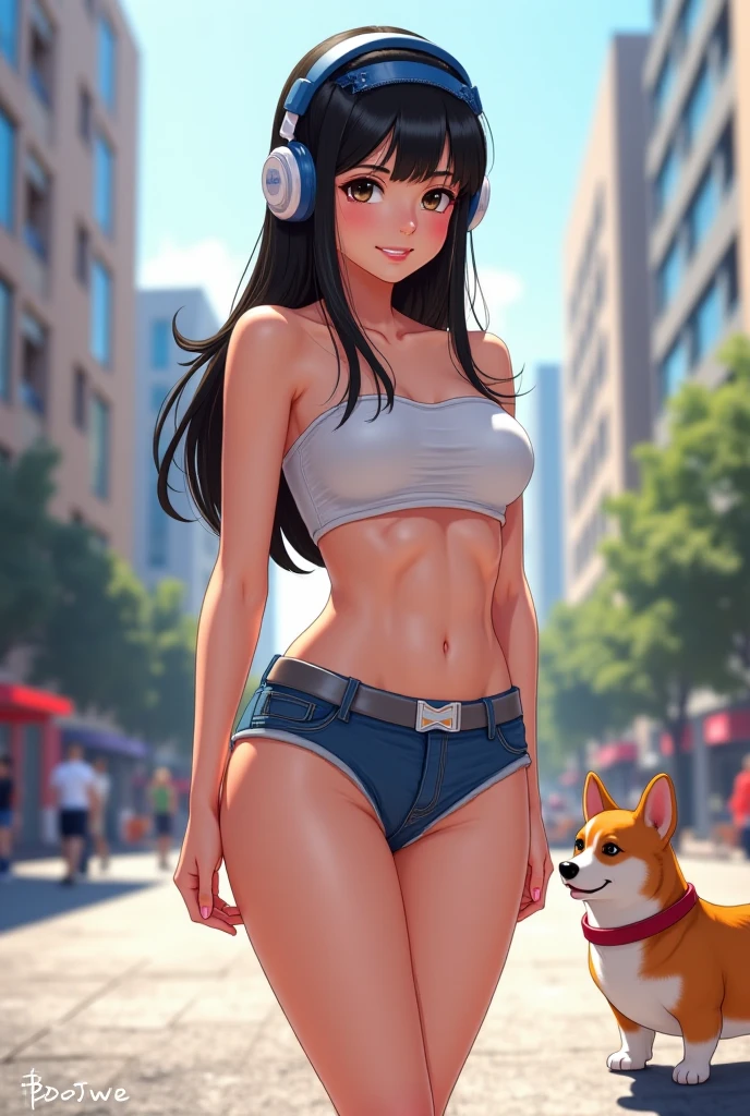 Sexy athlete in sport bra walking with a Pomeranian. Style by J.C. Leyendecker. Style by Makoto Shinkai