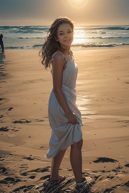 a photograph of one beautiful woman walking towards sunrise on the beach, realistic sand, footprints, she is wearing a flowy summery dress, she has long curly hair, (freckles: 0.8), gentle smile