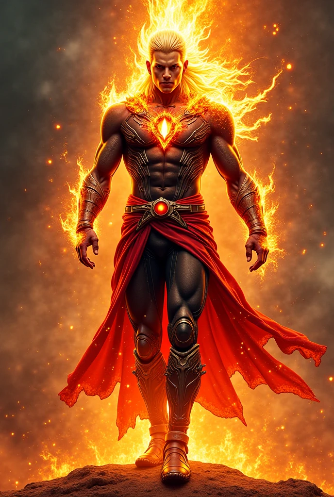 Muscular, dark-skinned male superhero with fire powers, wearing long golden clothing.