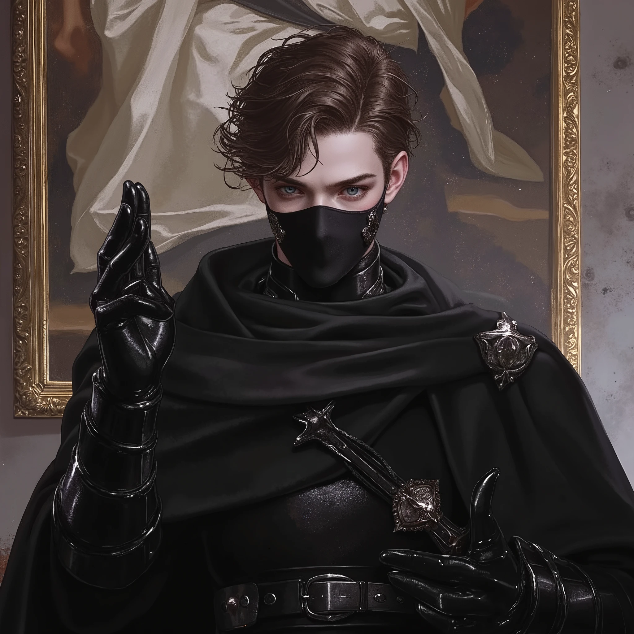 male antagonist cute evil cyber samurai knight , short brown hair , , rising hand in divine gesture , oni half face mouth mask , flaming blue eyes ,The Evil Monk
The cloisters old, expounded on their walls
With paintings, the Beatic Verity,
The which—adorning their religious halls,
Enriched the frigidness of their Austerity.