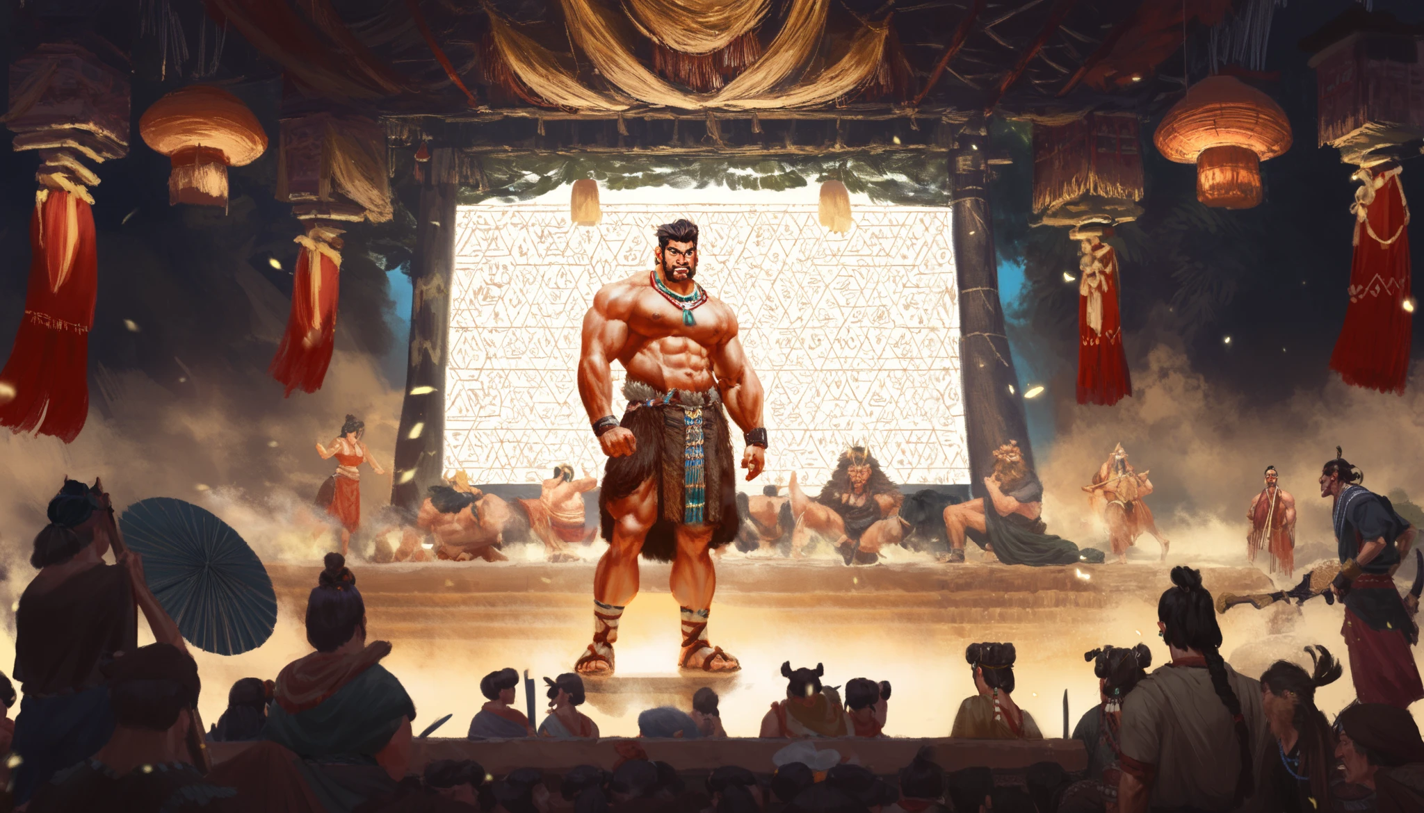 primitive man,tribe,on the right side of the screen standing with his back in front of the camera,Half-body perspective,1 person on the left standing in front,Angry emoticon,身后各方tribe,,Confrontation,两个tribe风格明显,square, details,best quality