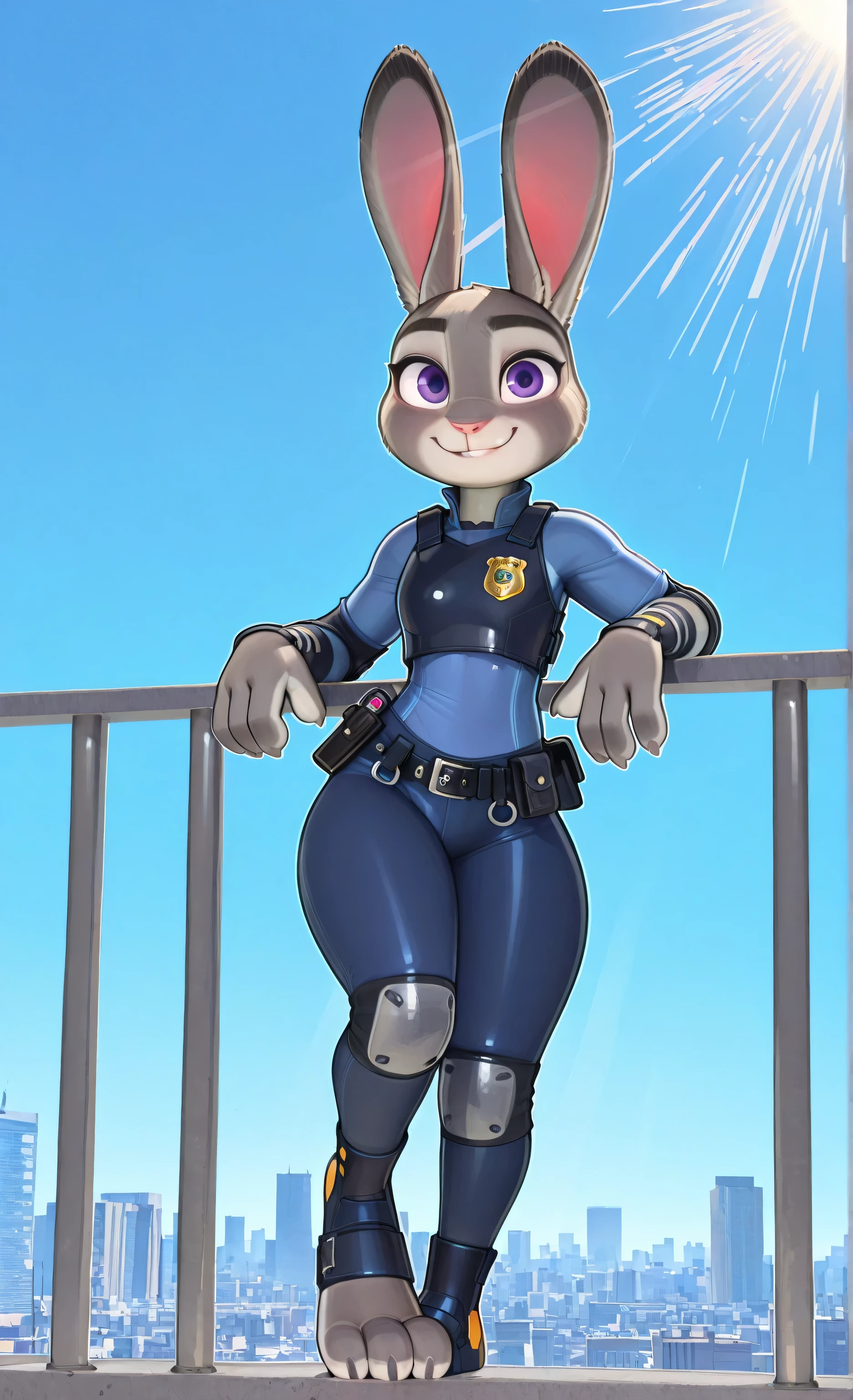 ((Judy Hopps)), ((Pixelsketcher)), ((wamudraws)), ((masterpiece)), ((high resolution)), ((solo portrait)), {(attractive figure), (thick thighs), (beautiful legs), (pretty feet), (three fingers), (three toes), (claws), (grey fur), (pink nose), (multicolored rabbit ears), (cute purple eyes), (cute smile)}, {(police uniform), (tight blue pants), (knee pads), (elbow pads)}, {(standing), (leaning on railing), (knee up), (looking at view)}, ((city)), ((skyscrapers)), ((blue sky)), ((sun rays))