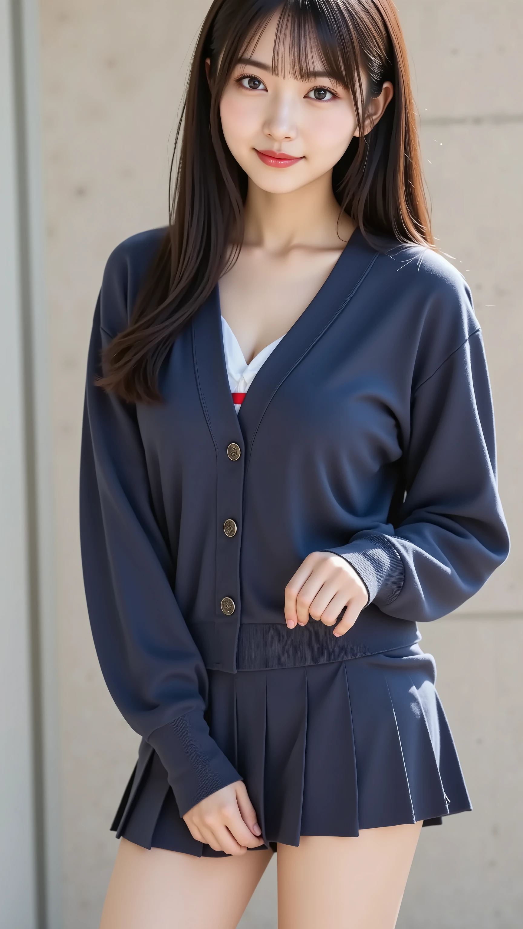 Big breast, A highly detailed, ultra-realistic digital illustration of a beautiful young Asian woman, depicted from the thighs up, with her entire head fully visible in the frame and a slight margin above. She has long, silky black hair with soft bangs that gently frame her delicate face. Her clear, luminous skin is highlighted by soft, even lighting, and her warm, inviting smile adds to her charm. Her large, expressive eyes are enhanced by natural, elegant makeup, emphasizing their depth and vibrancy.
She is wearing a classic Japanese high school uniform, featuring a well-fitted, soft navy-blue cardigan with a V-neck design and neatly buttoned front. The sleeves are slightly oversized, giving a relaxed and cozy appearance. Underneath, she wears a neatly pressed white dress shirt, with a red ribbon tied elegantly at the collar. The cardigan drapes naturally, adding warmth to her ensemble. She pairs it with a short pleated mini-skirt in matching navy blue, which sways slightly as she moves. Her toned, slender legs are visible.
The background features a minimalist, neutral-toned wall with subtle texture, creating a soft contrast against her attire. The lighting is gentle and evenly distributed, casting natural highlights and soft shadows that enhance the depth and realism of the scene. The composition is well-balanced, with the subject positioned centrally, ensuring that her entire head remains within the frame with a slight margin above for a properly framed composition. The image is rendered in stunning 8K resolution, capturing every intricate detail with lifelike clarity.