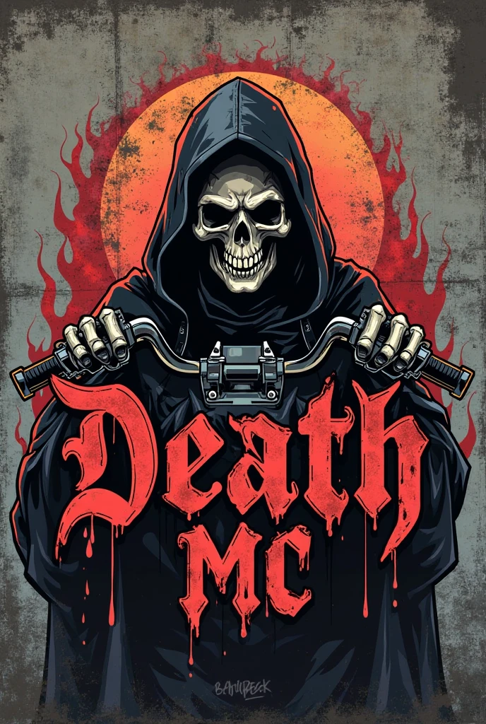Create a logo called DEATH MC in the style of San Andreas on a classic dark graffiti wall