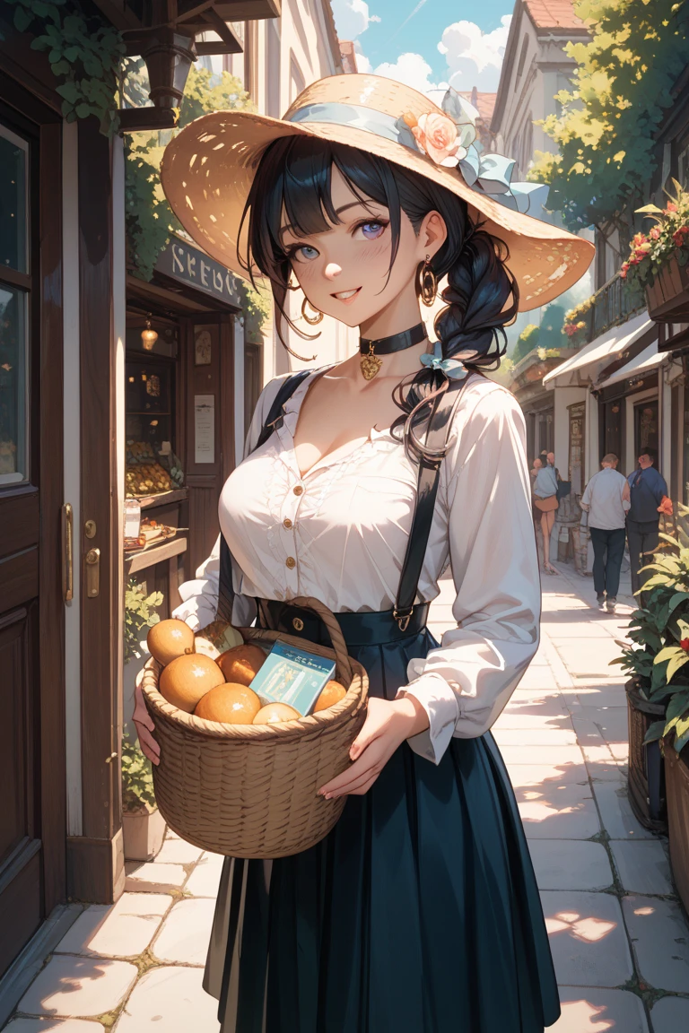 (small breasts:1.2), (perky chest:1.2), (pointed chest:1.2), (Pudding cake magazine cover:1.3),(from above:1.0),(from side:0.9),masterpiece, 1girl, Amazing Cleavage:1.1, thin waist, big ass, Raised sexy, posed cleavage:1.2,(perky chest:1.2), (pointed chest:1.2),(farmhouse entrance:1.0),(((brown Tunic:1.3))),(((lemons and stroberies in the basket),Cute and beautiful girl,Cute round face,Cute smile,Red Lip, looking at viewer, open mouth, have a cute glass of beergrass,black hair, dark green eyes, deep brown public party dress, bare shoulders,collarbone, sidelocks, hairband, earrings wih safia  jewelry, outdoors, darck coller off shoulder sweater dress, plant, short hair with long locks, gild hairband, off-shoulder dress, sweater dress, off-shoulder sweater, black sweater, dark gord hair, big side hair, very long side hair,is rendered in (masterpiece: 1.2, best quality), with (ultra high resolution) and an exquisite (depth of field). ,(Bangs are see-through bangs),hair pin,hair adornments,detailed clothes features,Detailed hair features,detailed facial features,(Dynamic angles),(Dynamic and sexy poses),clothes that emphasize big breasts,Cinematic Light,(masutepiece,top-quality,Ultra-high resolution) ,(The 8k quality,Anatomically accurate facial structure,),(Sea Art 2 Mode:1.3),(Image Mode Ultra HD,) 
