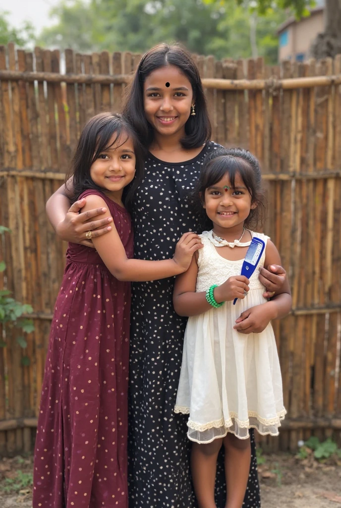 Create a realistic photograph of a smiling and beautiful indian young girl with sharp nose in blue top carrying a large chubby man on her shoulders in a room, man is sitting on top of her shoulders , man on top, woman at bottom 