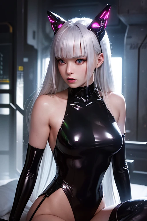 optimum，tmasterpiece，A high resolution，best qualtiy，hyper HD，super detailing，Award-Awarded，16k，独奏，（The upper part of the body），anatomy correct，Beautiful cyberpunk girl，Ex Machina，cute  face，high light，Gradient Beige Hair，Hairline，（（Scarlet eyes）），long eyelasher，Hanging eye corners，White skin of the，（small boobs），（Slim body），（（）），（（football_uniform）），（Finger caps），（），ear studs，（neck rings），（Laser material clothing：1.2）