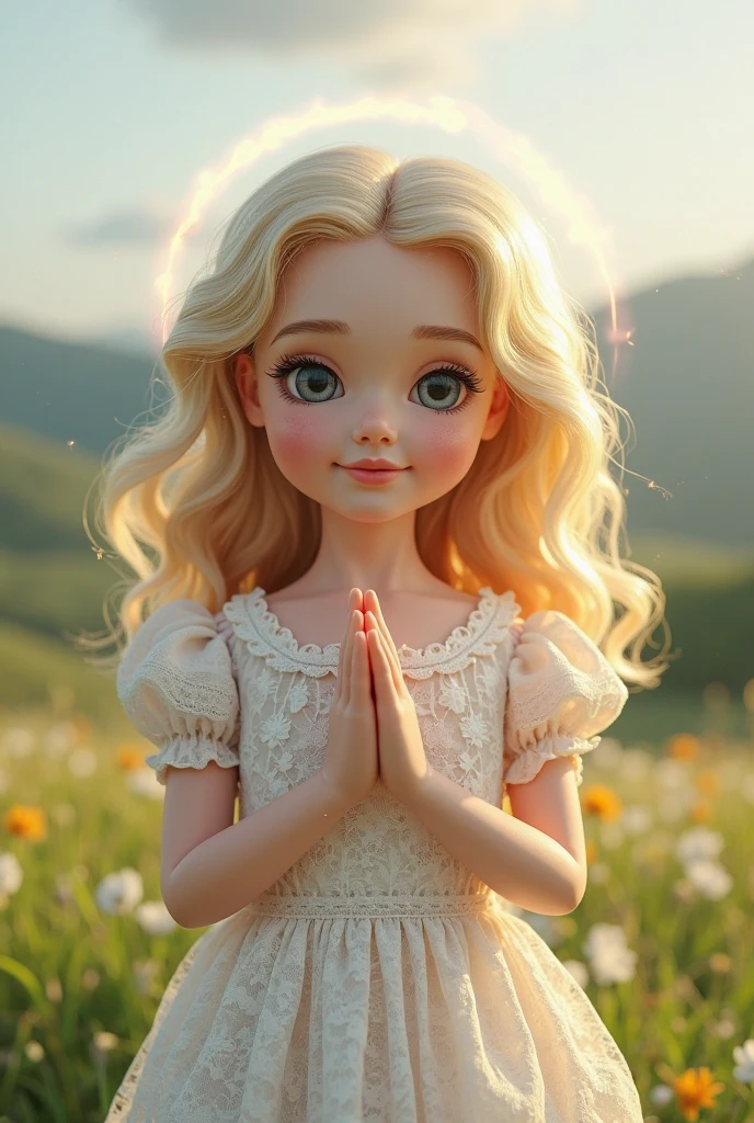 {{melhor qualidade, CG extremamente detalhado, Unity 8k papel de parede, Cinematic lighting}} ave, (((HANDS IN PRAYER POSITION, em frente ao torax))), Por Lilia Alvarado, lovely digital painting, criancinha bonita, retrato bonito da criancinha, foto retrato close-up, medium portrait soft light, imagem retrato bonita, Luz suave do retrato, retrato da criancinha, Retrato fotorrealista, (((BLONDE hair and blue eyes))) , (((flowery scenery and night))), olhos azuis, (((vestido delicado)))
