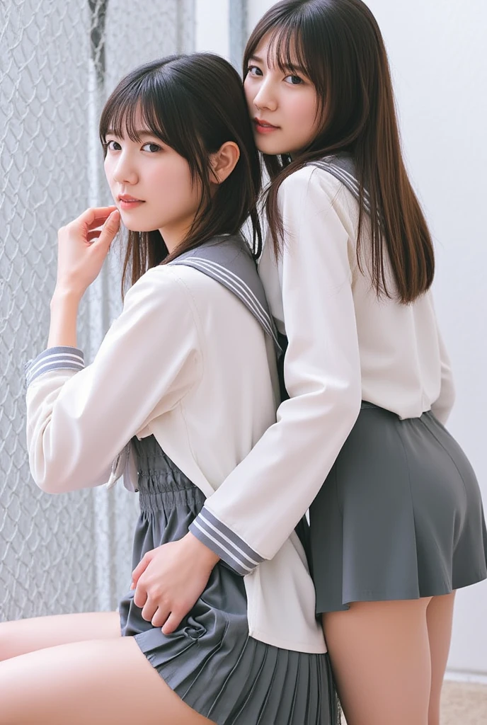 (2 girls, 15 years old, same height :1.2) ,Rear view, couple focus , japanese girl , (smile:0.7), stand next to each other , Upper body, please reconsider, (Never wear a skirt), ((sailor suit, long sleeve)), realistic butt crack, grinning smile, very short hair , (high color saturation:1.0), (highly detailed skin), (highest quality:1.0), (ultra high resolution:1.0) ,(realistic:1.0), (Super detailed:1.0), (8K, Raw photo:1.1), (((Real and beautiful butt, small ass, I can see your butt))), (((No panties)))