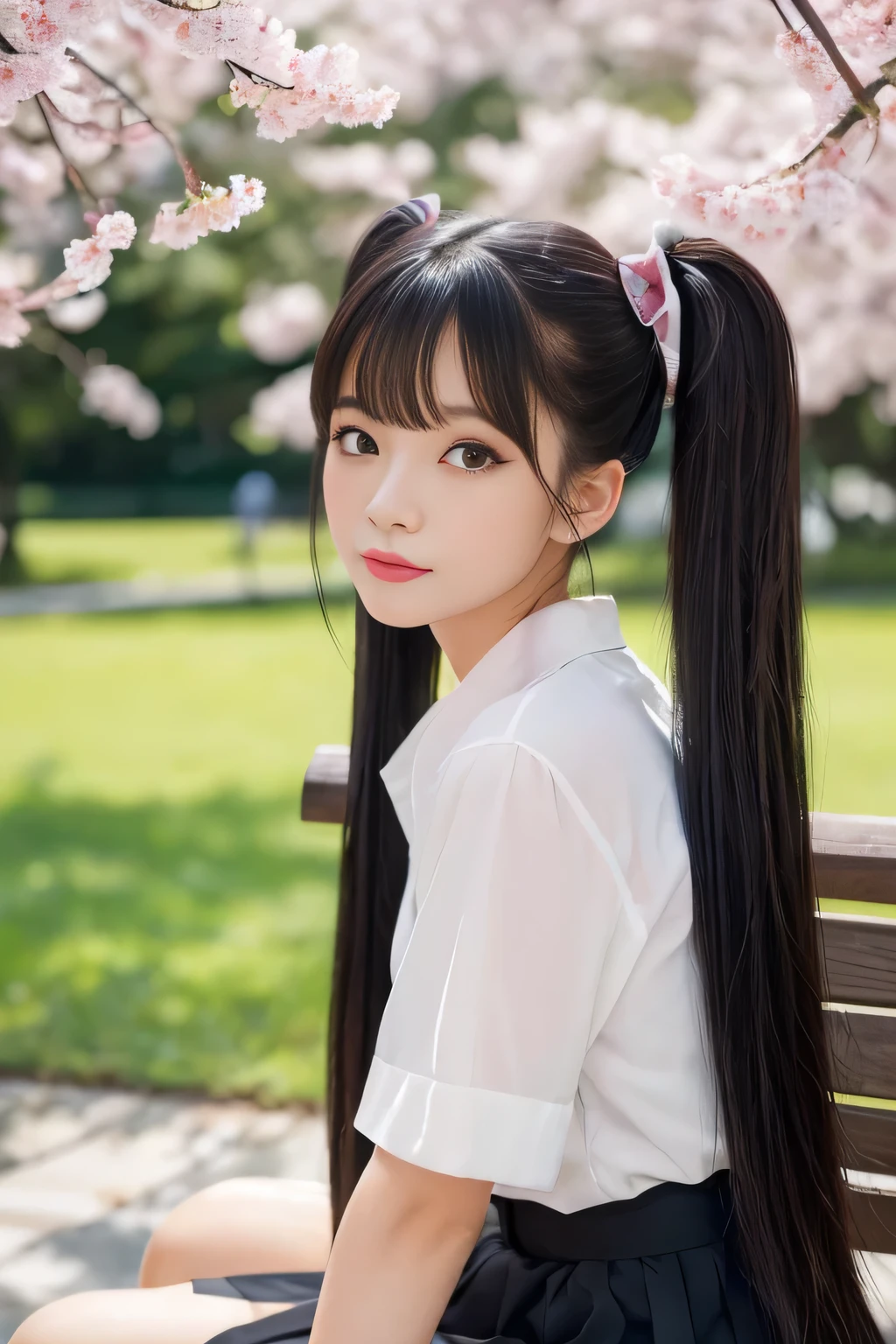 (Perfectly photographed from knee to head)(she took a picture of a female college student at a spring park)(sitting on a bench in a graceful posture)(perfect face of the most beautiful Japanese college student)(BEST QUALITY)(masterpiece)(Get used to it)(Best Details)(4K)(erotic makeup)(happy expression)(perfect sexy face)( perfect double eyelids)(she has Asian eyes)(Top quality skin)(beautiful eyebrows like makeup models)(Beautiful black mascara)(cute red lipstick)((  neatly arranged、cute bangs that fall naturally at an angle))((Japan's most beautiful straight twintails))((Super long straight twin tails:1.3))(Shiny and 美しいtwintails!!)(thick, healthy, beautiful hair)(Beautiful swaying hair )(Japan's most beautiful hair質)((Feeling the arrival of spring、Fluffy Shirt))(white skirt)(Photographed in a beautiful grassy park)