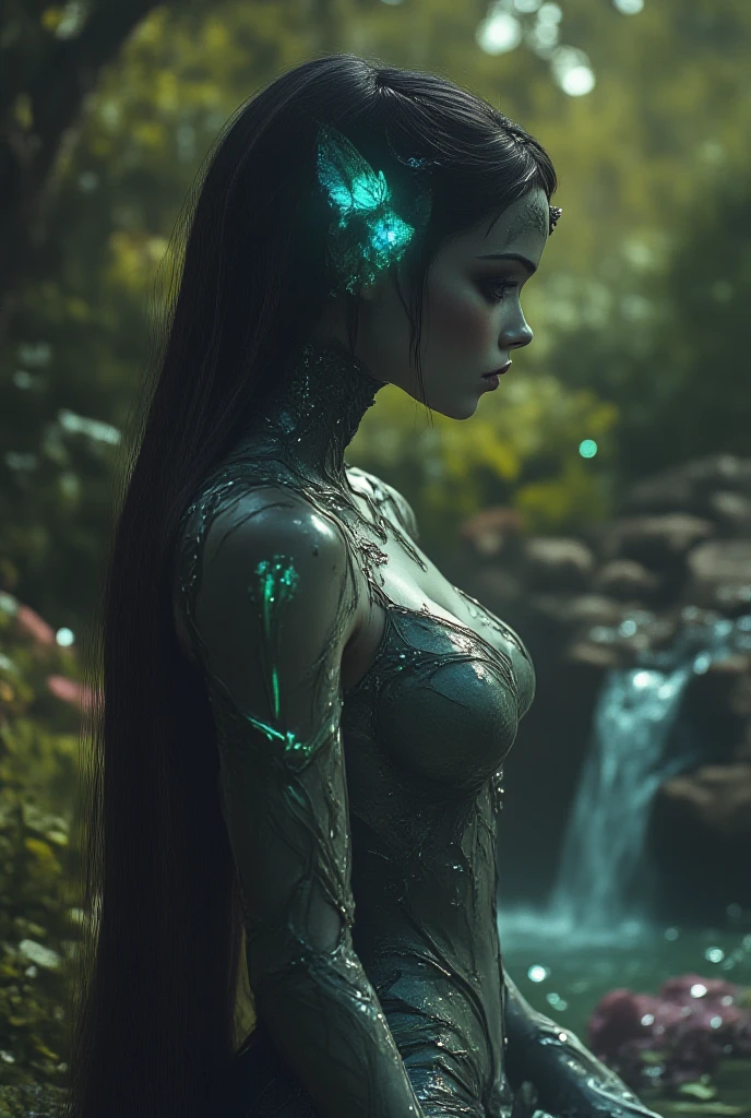 1girl, (navel-deep plunging neckline clothing:1.4), giant mushroom, mushroom garden, modern fantasy garden, surrounded by flowers, vibrant, colorful, flowers and bush, viscous liquid, cinematic lighting, 