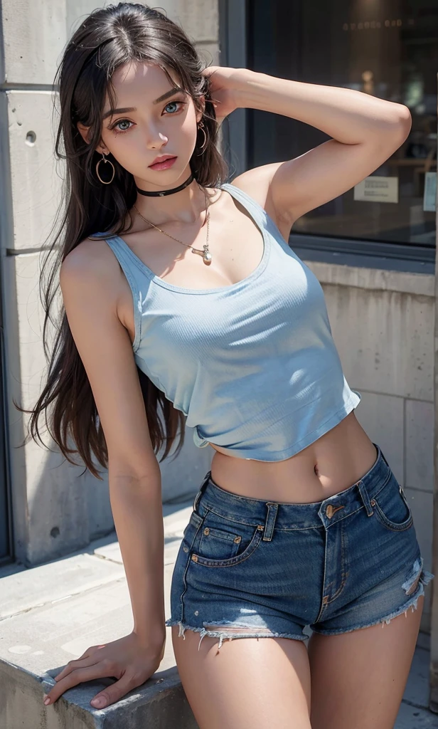 can you make her have a larger bum and bigger breasts wearing a white crop top 