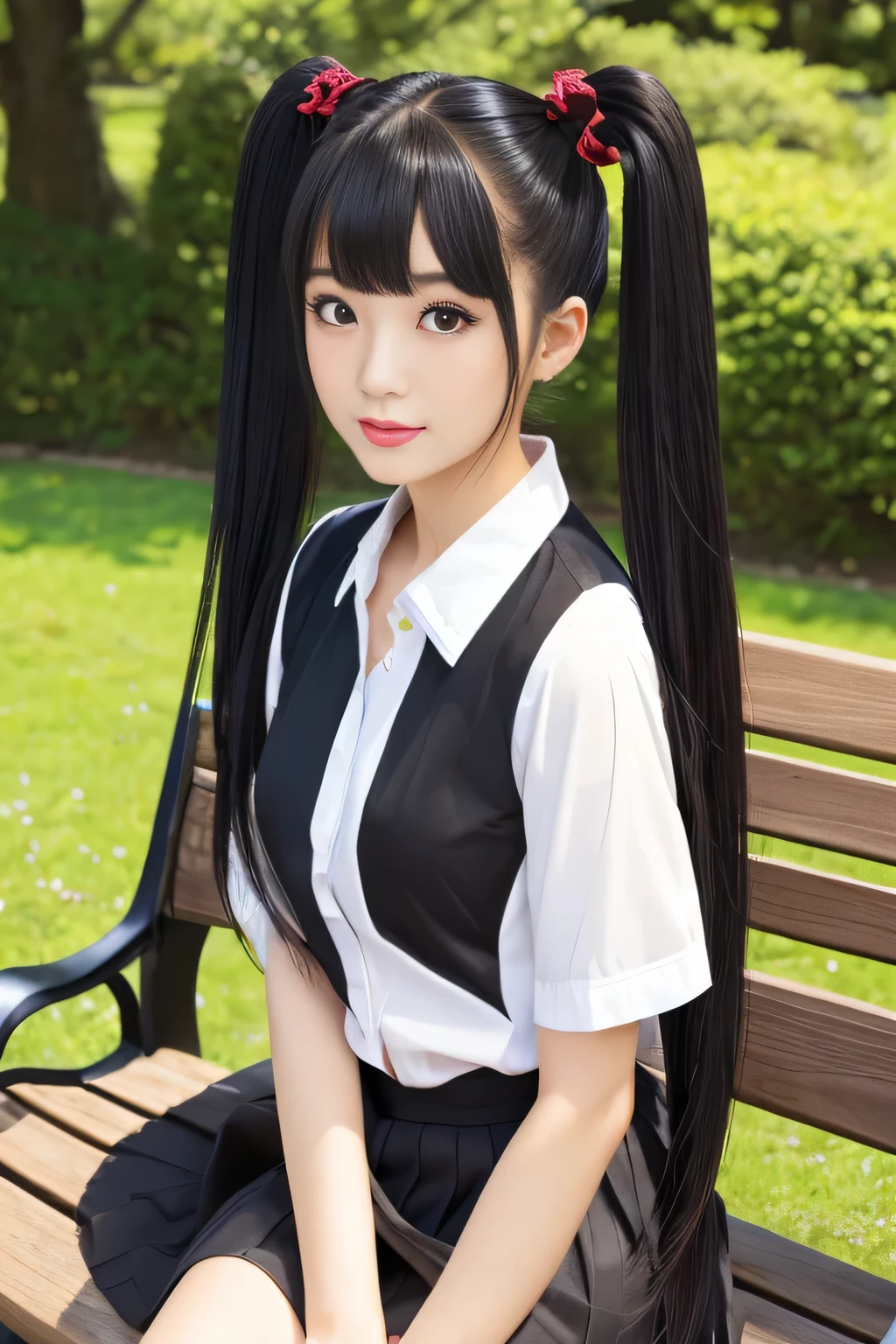(Perfectly photographed from knee to head)(she took a picture of a female college student at a spring park)(sitting on a bench in a graceful posture)(perfect face of the most beautiful Japanese college student)(BEST QUALITY)(masterpiece)(Get used to it)(Best Details)(4K)(erotic makeup)(happy expression)(perfect sexy face)( perfect double eyelids)(she has Asian eyes)(Top quality skin)(beautiful eyebrows like makeup models)(Beautiful black mascara)(cute red lipstick)(( neatly arranged、cute bangs that fall naturally at an angle))((Japan's most beautiful straight twintails))((Super long straight twin tails:1.3))(Shiny and 美しいtwintails!!)(thick, healthy, beautiful hair)(Beautiful swaying hair )(Japan's most beautiful hair質)((Feeling the arrival of spring、Fluffy Shirt))(white skirt)(Photographed in a beautiful grassy park)