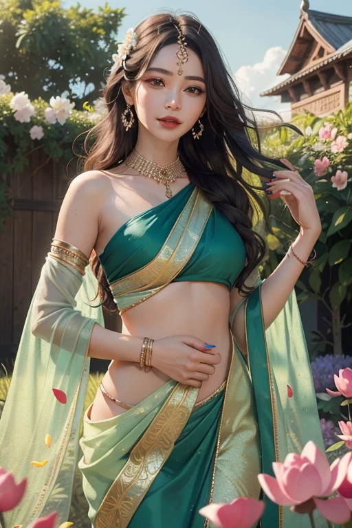 beautiful russian woman, lblack silk blouse and light green saree, amazing makeup, beautiful face, blue eyes, traditional look and dance