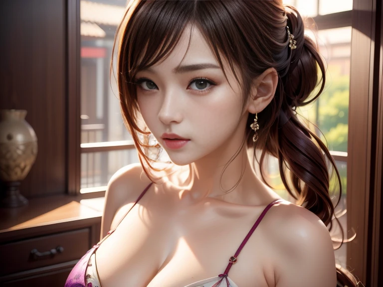 (masterpiece, best quality), female golden age, chiseled, berber, chestnut eyes, round nose, pointed chin with cleft, low jawline, unusual cheeks, straight forehead, heart face shape, , rose gold low ponytail hair, pride wearing briefs, convertible bra, , side profile pose, turning to the side with a seductive glance, emphasizing facial features and allure, rainy window lighting, soft, diffused light through raindrops on a window, creating a cozy and intimate mood, a lively street fair, with food stalls, live music, and laughter