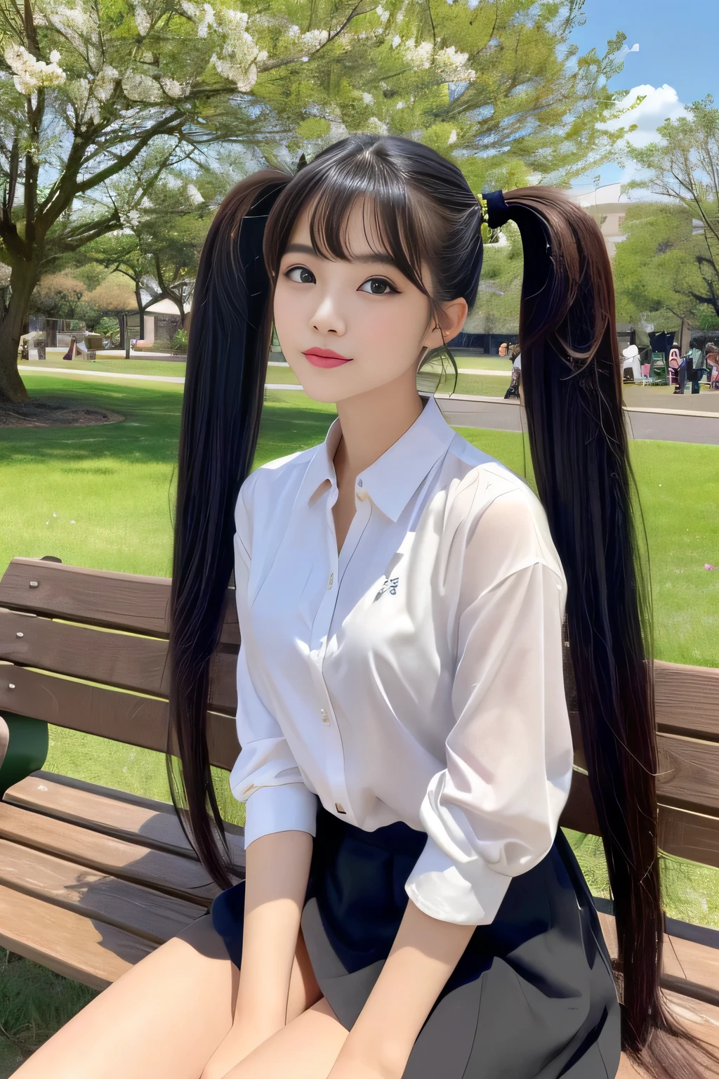 (Perfectly photographed from knee to head)(she took a picture of a female college student at a spring park)(sitting on a bench in a graceful posture)(perfect face of the most beautiful Japanese college student)(Best Quality)(masterpiece)(Get used to it)(Best Details)(4K)(erotic makeup)(happy expression)(perfect sexy face)( perfect double eyelids)(she has Asian eyes)(Top quality skin)(beautiful eyebrows like a makeup model)(Beautiful black mascara)(cute red lipstick)(( neatly arranged、cute bang that falls naturally at an angle))((Japan's most beautiful straight twintails))((Super long straight twin tails:1.3))(Shiny and 美しいtwintails!!)(thick, healthy, beautiful hair)(Beautiful swaying hair )(Japan's most beautiful hair質)((Feeling the arrival of spring、Fluffy Shirt))(White Skirt)(Photographed in a beautiful grassy park)