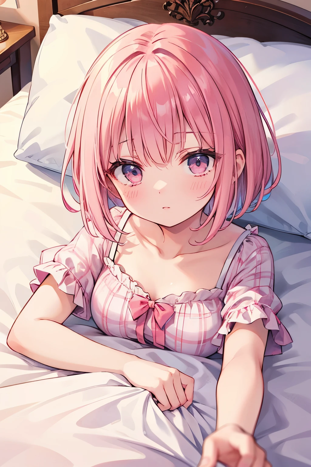 (Best quality:1.1), (​masterpiece:1.4), (absurd:1.0), close up shot, 1girl, momo velia deviluke, Hair decoration, Bob hairstyle, short hairs, pink hair, purple eyes, medium breasts, yellow , looking down at viewer, Seductive anime girl, Natur, (blush:1.2), smile, a girl, Wear blue short sleeve shirts, blue eye color, on bed,Pillow head, desk, windows, sun rays, hyper HD, ​masterpiece, Exactly, High details, best quality