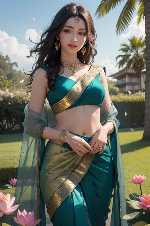 wear green designer printed Saree and blouse, a bindi on the center of the forehead, green saree and green blouse, full body covered in clothes, Indian temples in background, flower basket, very well dressed, going to temple for prayers, golden heavy jewellery, very beautiful 25 year old indian girl, full body photo, mehendi in hands, random hair style, holding Puja plate with Puja items for lord Shiva, lord Shiva temple in background, jewelry, gem, necklace, necklace set, tika, vermilion, nathiya, ear rings, mangalsutra, golden haar, gold bracelet, anklets, thick lips, holding flower basket for Puja in hand, skindentation, parted lips, full body photo from front, beautiful face, beautiful body, (detailed eyes), ulzzang-6500-v1.1, thick eyelashes, long eyelashes, random hair style, broad light, backlighting, bloom, light sparkles, chromatic aberration, sharp focus, Nikon Z 85mm, unparalleled masterpiece, ultra-realistic 8k photos, best quality masterpiece, best quality, (photorealistic:1.2), (realistic:1.5), (hyperrealistic:1.2),(photorealistic face:1.2)
