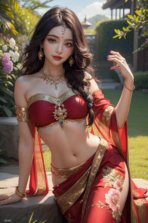 (Masterpiece:1.4), CG Unity 8k walpaper, ((Realistic: 1.2)), Ray Tracing, 64k,a girl 20 years, ((Luxury glitter Burgundy wearing an elegant saree: 1.2)), Beautiful curves on body, Young figure, Super round Young breasts under the saree blouse, black showing, ((beautiful ovel shape belly button)), curly long hair,deep black eyes,shiny red lips,brown skin,lotus flower in her hair, palms decorated with henna,in a blooming garden,bright colorful flowers,green grass,blue sky,sunshine falling on her,peaceful and serene expression,subtle smile on her face,fingers delicately touching flower petals,body language full of grace and elegance, scenic beauty,painting as medium,detailed and vivid,high-resolution image,photorealistic rendering,vibrant colors,soft lighting, [(4 different Poses),(pose 1: Grab hair with both hands, tighten tummy to lift hips,stand side ways),(pose 2: strech your arm,hand on hip, tighten tummy and lift hip),(pose 3: tilt head to smile,put arm behind back,place arm side by leg),(pose 4: title your head to smile,put your hands naturally by your side,stand side ways)], (Detailed poses), (Detailed Dress), (detailed background) , Beautiful human real fingers, beautiful human real hands, Real human natural skin,  
