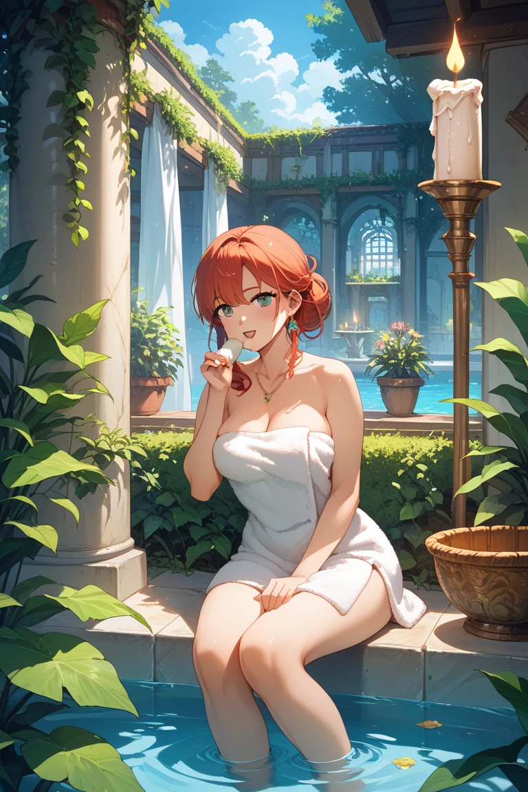 (masterpiece, best quality), 1girl,Honey Blonde Highlights on Brown Messy Side Swept Hair with Low Fade, small breasts, <lora:GreekClothes:1> greek clothes