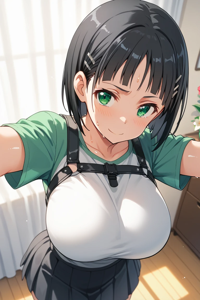 1 girl, black hair, green bright eyes, big breasts, big ass, school uniform, wet clothes, Almost naked, bond, BDSM, Shibari, Howming, How, How everywhere, unbuttoned, neckline, Best quality, 8K, A high resolution, anatomically correct. Sunset in the background, warm light, (view from above).
