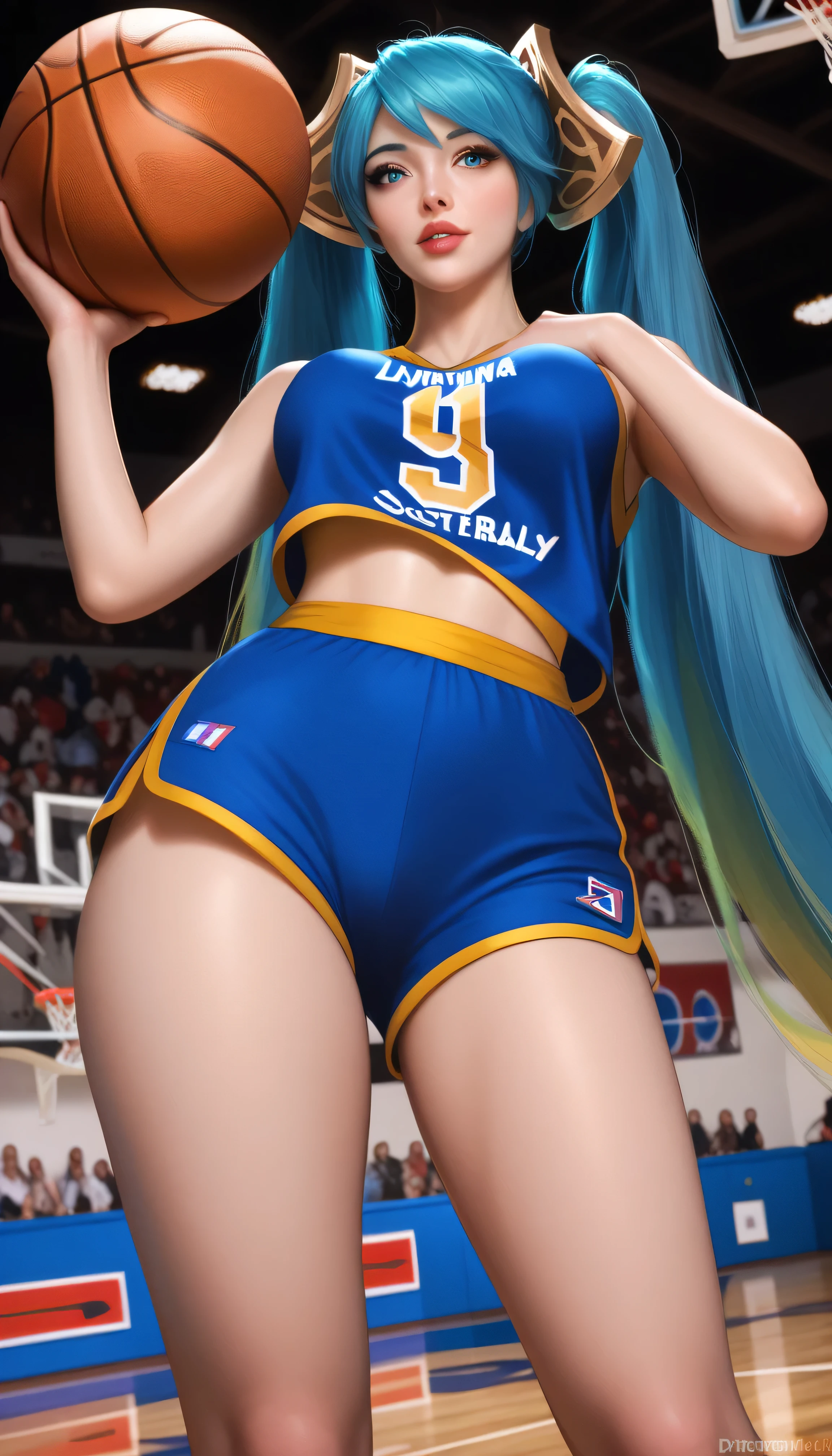 Sona from League of Legends, long blue pigtails hair, blue eyes, wearing blue basketball uniform, dynamic ultra low angle from below, foreshortening, thighs in the foreground, head in the background, sly expression, photorealistic, dunking a basketball in the ring, basketball court background