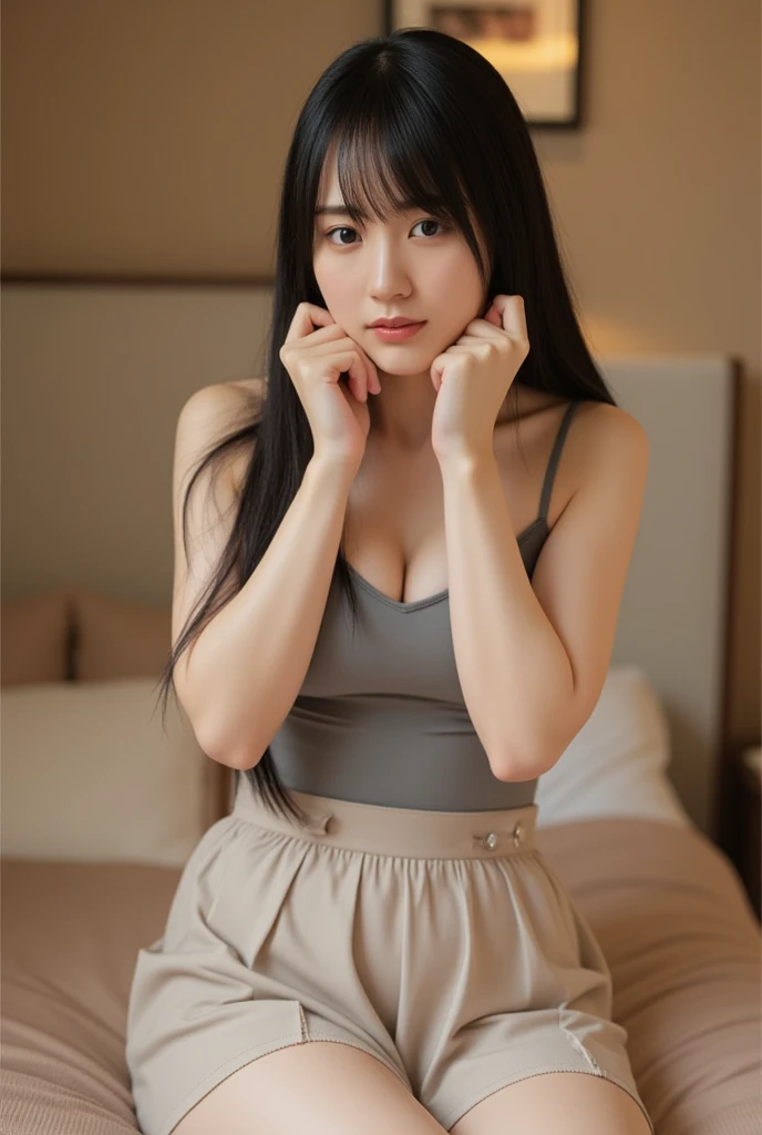 8k、highest quality、masterpiece、超A high resolution、photograph、Beautiful Japanese Woman、Single-lens reflex camera、、Transparent atmosphere、Sexy lips、Diagonal bangs、Beautiful Face、Medium Long Hair、Creating Bangs、smile、Natural soft light、Wore skirts