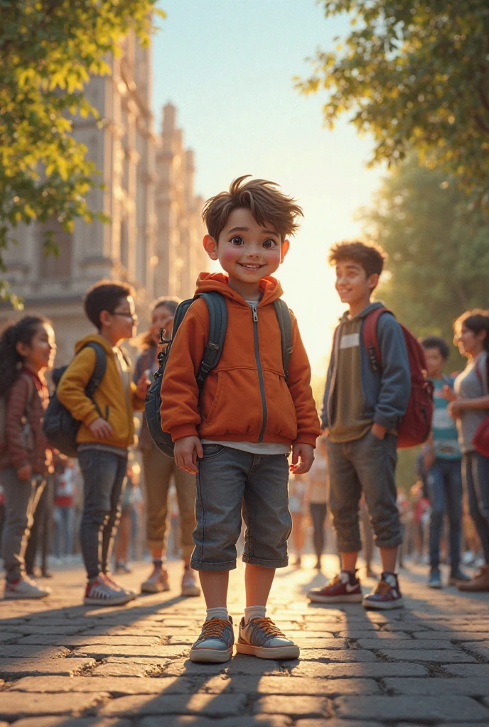 Creat a 18 boy try to talking with 4 peoples who standing Infront of his , the boy opening his hands and try to explain something, background is a normal road, 8k very ultra realistic