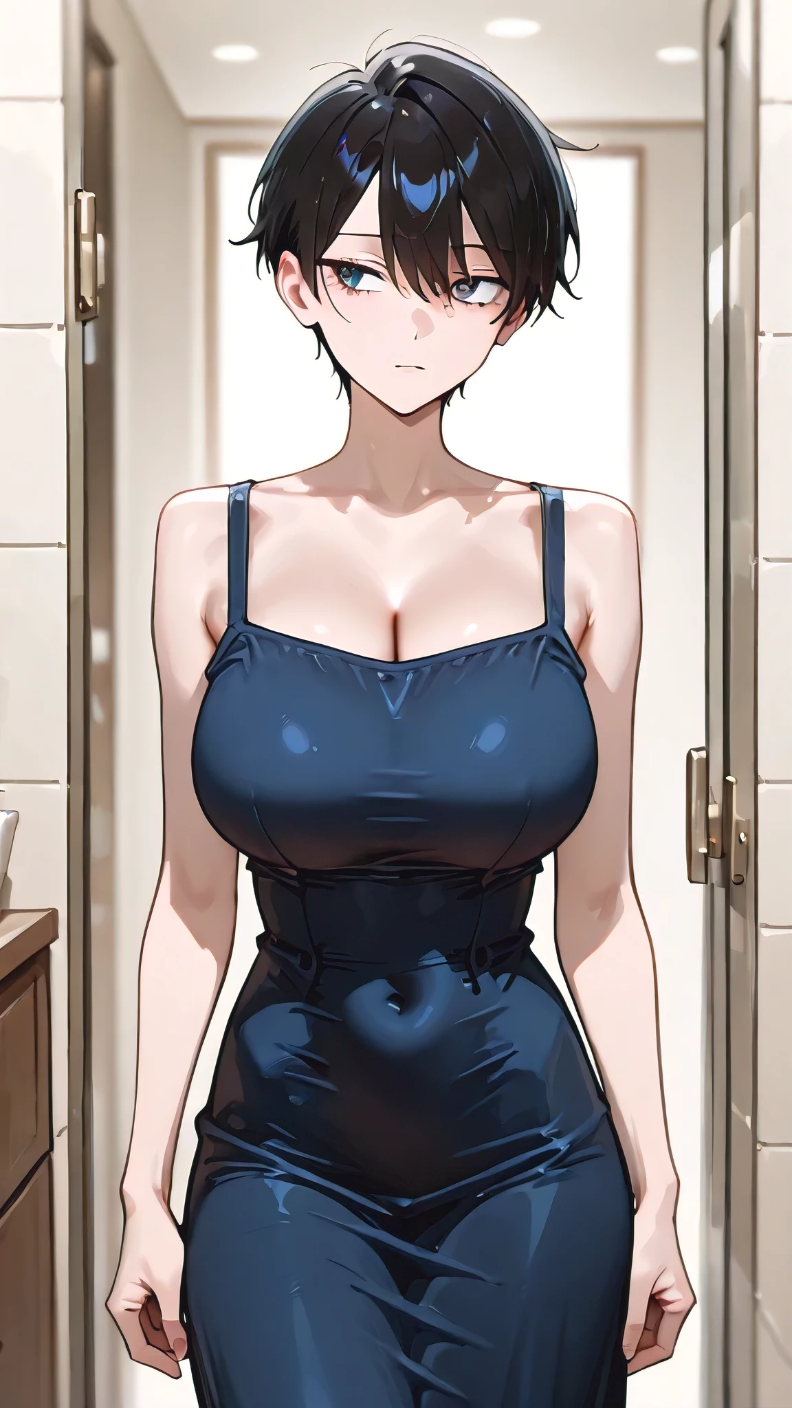 masterpiece,best quality , safe, 1girl cool mature handsome tomboy 20 years old, dress ,big breast,
((slim body, slender Body))、Chest Valley