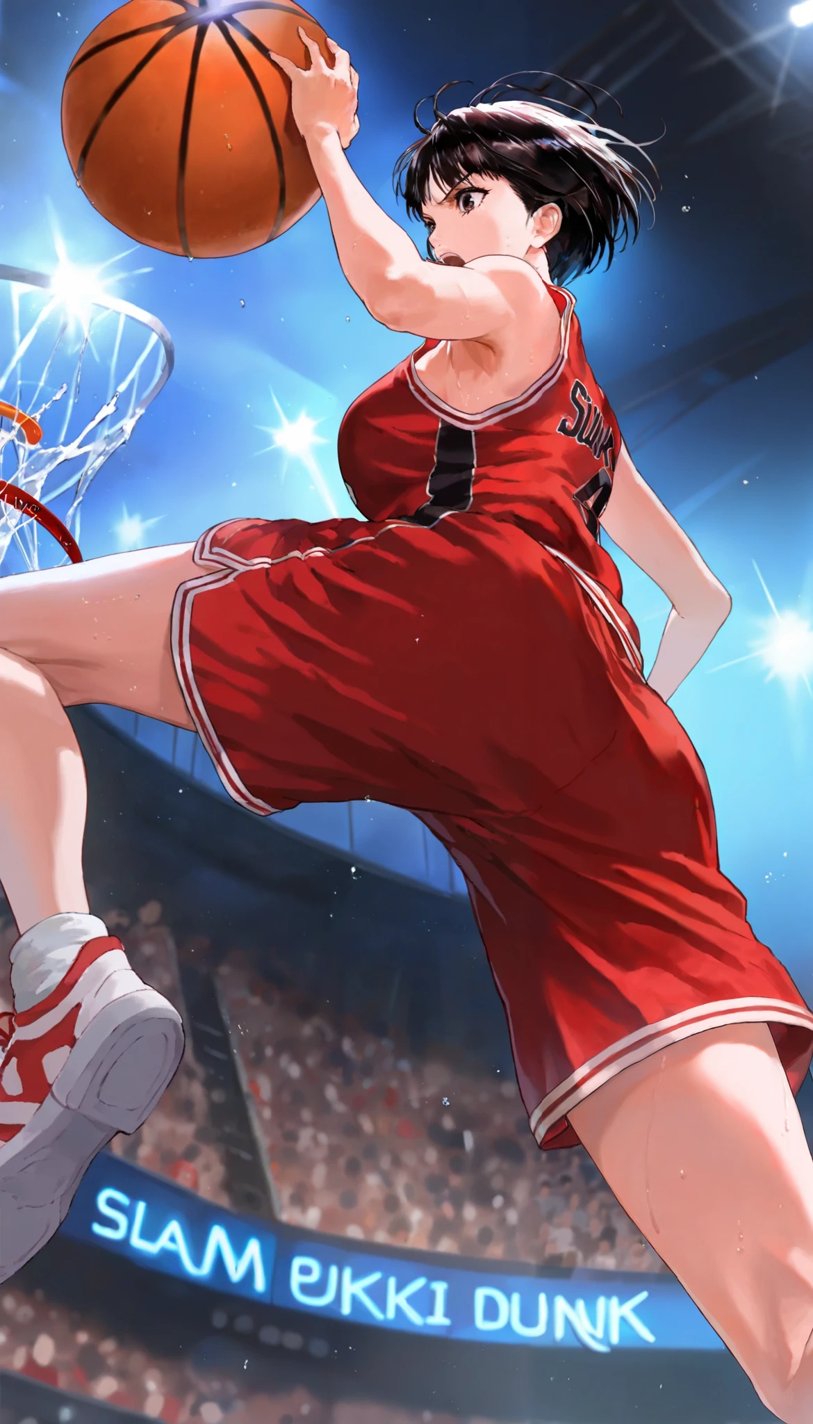 illustration , dramatic lighting , masterpiece , best quality , ultra-detailed , photorealistic depiction of a slam dunk contest in basketball court . many girls panicking in background, 1 girl dunking on the basketball ring,dramatic action shot , neon lights, lens flare . colorful lighting, the setting is very bright and colorful, sweaty, NBA, 3/4 body. (super sharp focus), holding the rims, (slam dunk, into basketball ring infront of her), (holding 1 ball with 1 hand), bursts of colors,(the girl jumping in the air to score a dunk shot, about to dunk the ball)