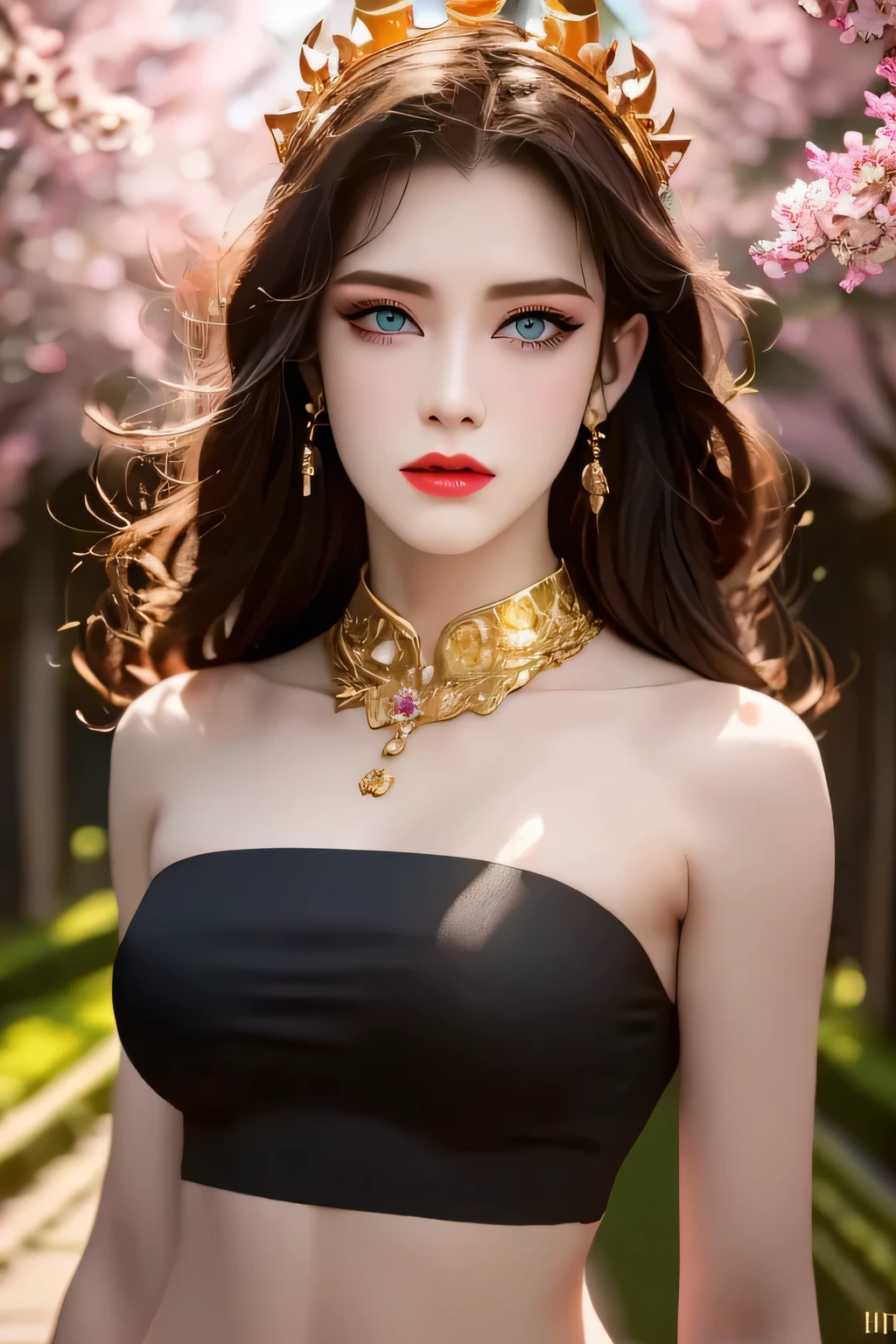 One 20 year old girl, breast 1.1, navel,upper body,bare shoulders,wears red tube top,red skirt, blue gems,shiny skin,hand in own hair,(mature female),milf, beautiful cai lin, deep blue eyes, jet black long hair, 8k resolution high quality. background: around the garden surrounded by Sakura trees with fluttering sakura petals,
Image from head to thighs, hourglass figure, bare round shoulders, exposed midriff, a tilak on her forehead,ornamental logo on her forehead, snake crown, necklace, earings with blue gem, long black hair bangs, pointy ears,golden bracelet,Bright lightening under the sun through sakura canopy. High quality 16k resolution,( HDR :1.5), cinematic look, ultra-detailed,ultra lightening, (photorealistic :1.2), long thin straight eyelashes, dense black eyelashes,sharp eyes, diamond shaped head, straight nose, closed heart shaped lips, front view pose looking at viewer, sexy,
