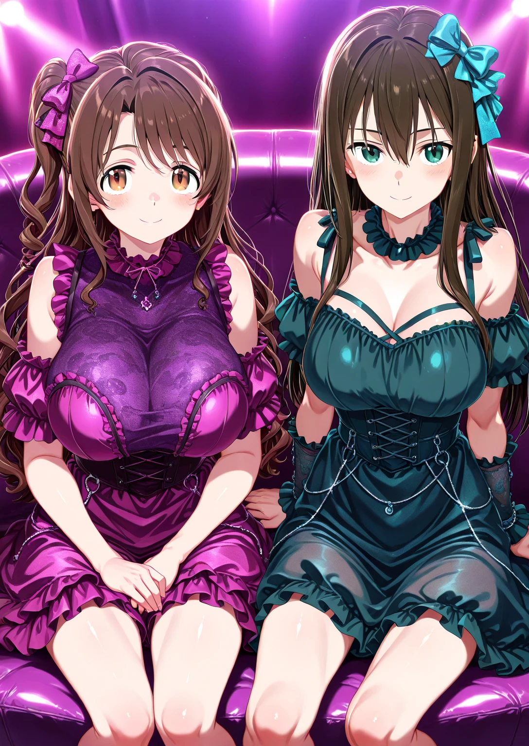 (2 young girls with long hair, Beautiful face and eyes, pink eyes, Charming smile, (Maid cafe costume with frilly breasts and wide open breasts, Pleated mini skirt:1.5), (Daikai Maid Cafe Costume:1.2), Sexy transparent underwear and panties, Miniskirt turned inside out、Underwear half exposed、Show belly button、 Extra large breasts、(very pretty girl), With pendants and bracelets、brown hair, Fashion hair accessories quality:1.4), (Extremely detailed), (Extremely detailed CG unified 8k wallpaper), Very detailed, High-resolution original color photos, Professional photography, Depth of Field, (Lying in bed)