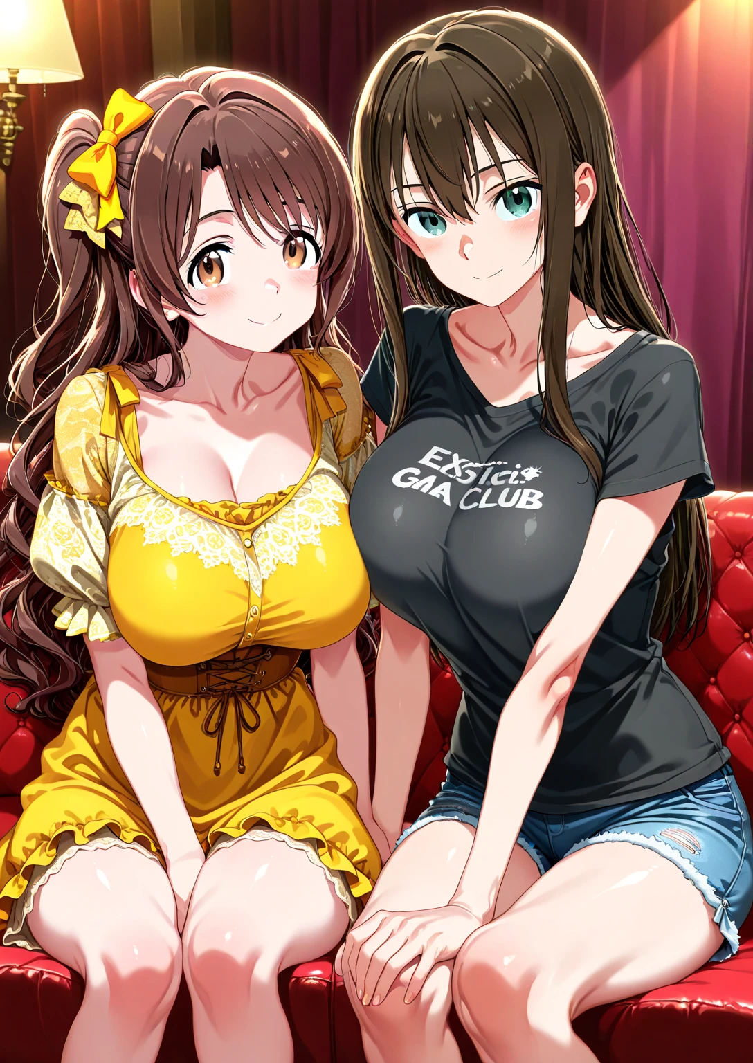 2heads, a chubby woman with 2 heads. She has enormous breasts. She is wearing a zip-up hoodie. Her hoodie is unzipped. She is not wearing clothes beneath the hoodie. Her enormous breasts are exposed through the unzipped hoodie. She is wearing jeans. She has thick thighs. She has gigantic breasts. She is blushing. She is smiling. She looks seductive. Massive breasts. She is in a bar. She is dancing. She looks drunk. Her breasts are gigantic.