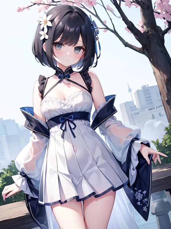 masutepiece, Best Quality, Very detailed 8k wallpaper, 1girl in, Outdoors, Helena(azur lane),straplessdress, Dress, layered dress,white blossoms, Hair Ornament, Purple eyes, (Choker), outline, (Black Gloves), Bare legs,