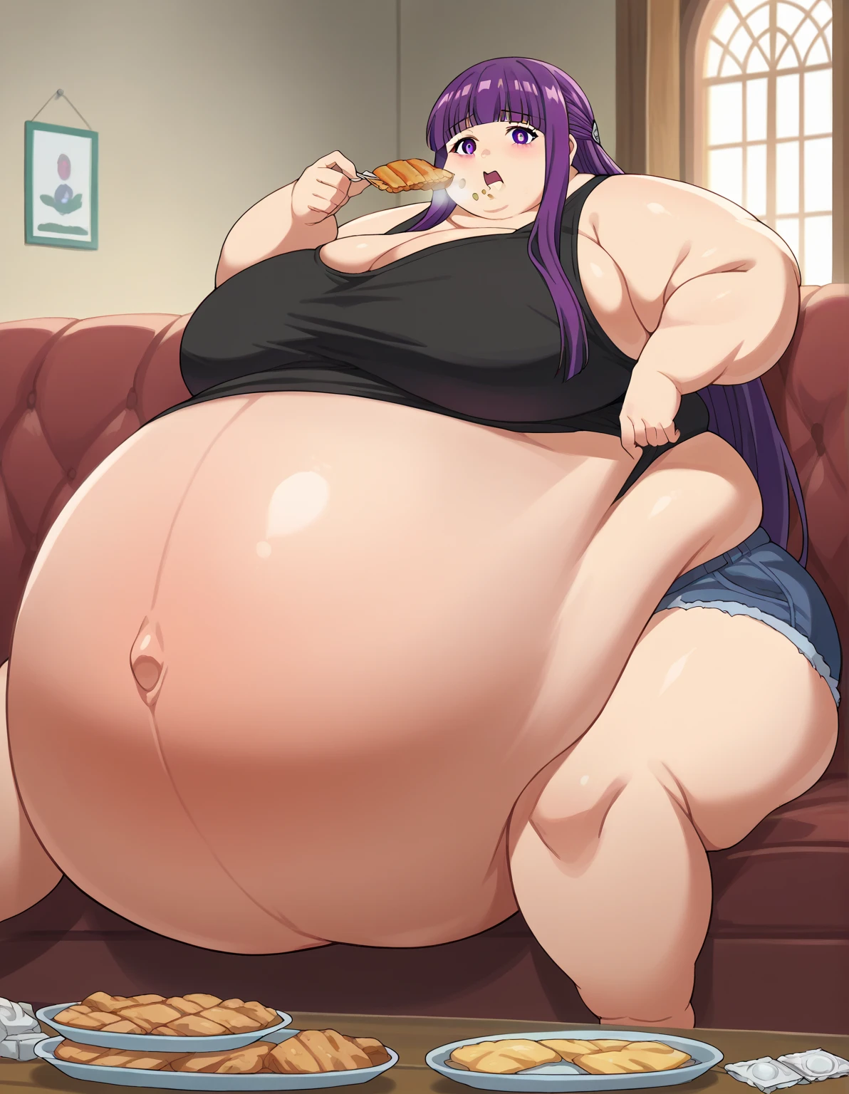, very fat, safe for work, fat, large belly, standing, grabbing belly, very fat, large stomach, chubby (best quality, masterpiece), Ai hoshino safe for work, obese, giant belly, fat, huge, heavy, very fat, safe for work, fat, large belly, very fat, large stomach, chubby (best quality, masterpiece), eating, sitting down on sofa, table full of ice cream, eating ice cream,