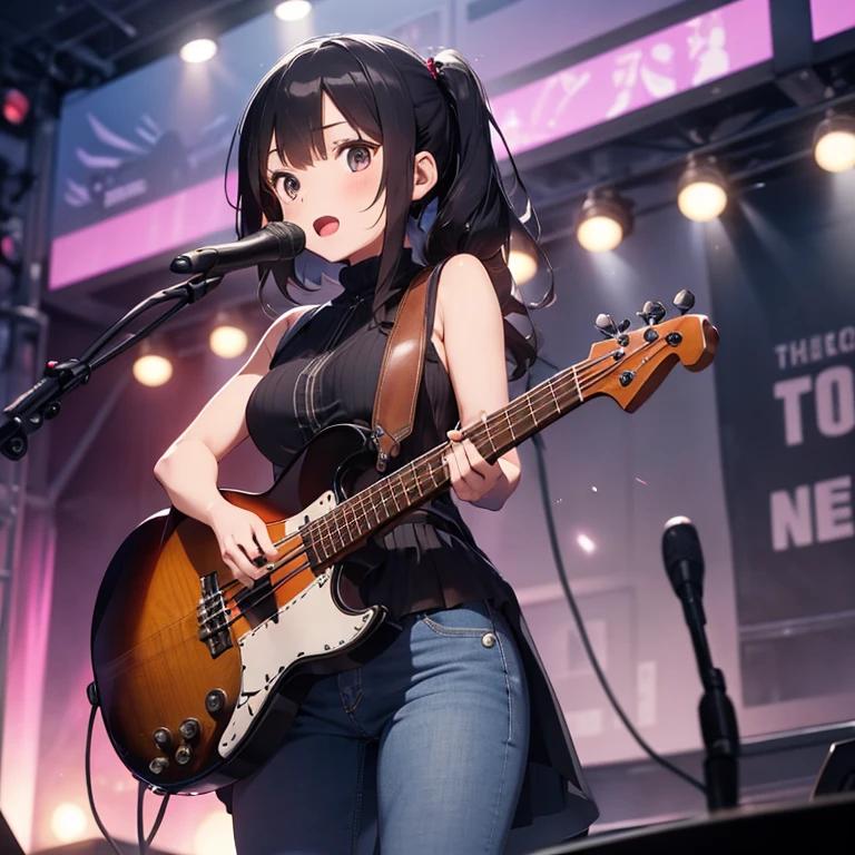 (Best quality), (high resolution), (detailed),1woman, curvy lady, cute face, cute hairstyle, guitarist, mascot, chubby lady, confident pose