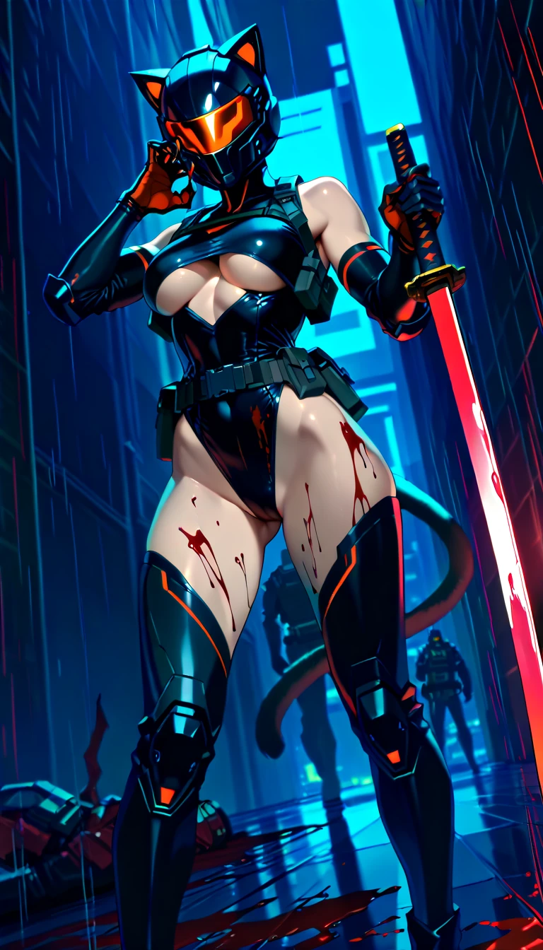 (Best Quality, Masterpiece), A cinematic movie poster for an action film, 1woman, Arabic, middle eastern, wearing silk Hijab, Crimson red PVC bikini, a tattoo of a butterfly under her belly, polished nails:0.91, huge breasts, glossy lips, private parts slightly visible, stockings, high heels, Cyberpunk theme, policewoman, holding a firearm, explosions, beams, blasters, cinematic, fade.