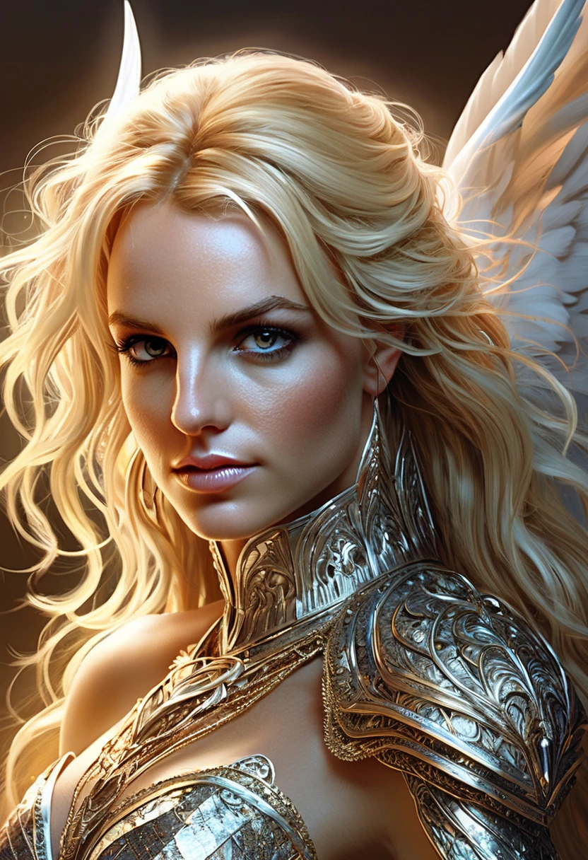 frank frazetta style painting of a silver haired angel with rebecca ferguson face, silver eyes, grey feathered angel wings, wearing revealing golden armor, slim, lithe, small breasts, sad, pensive, dark background, rpg portrait, painting, pathfinder