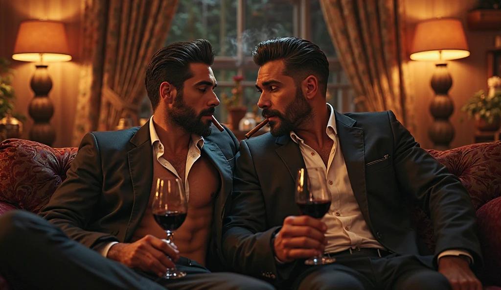 Young handsome white cute attractive man in a bar shirtless with a drink in his hand being lifted up on his arm by a friend wearing a black hat and black clothes