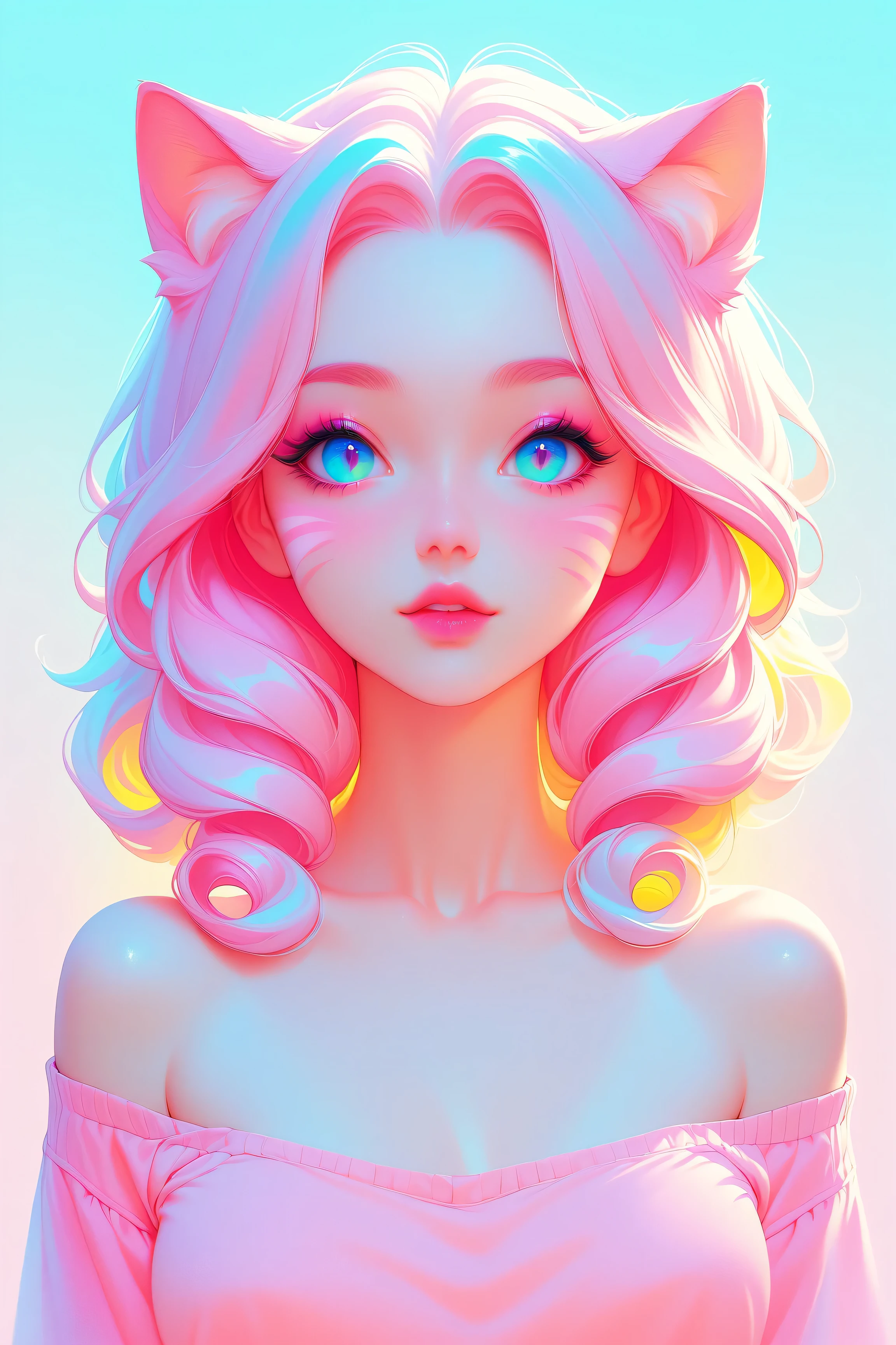 random hot and busty korean catgirl, cat ears, pastel color palette, no background, pastel background, colorful background,
