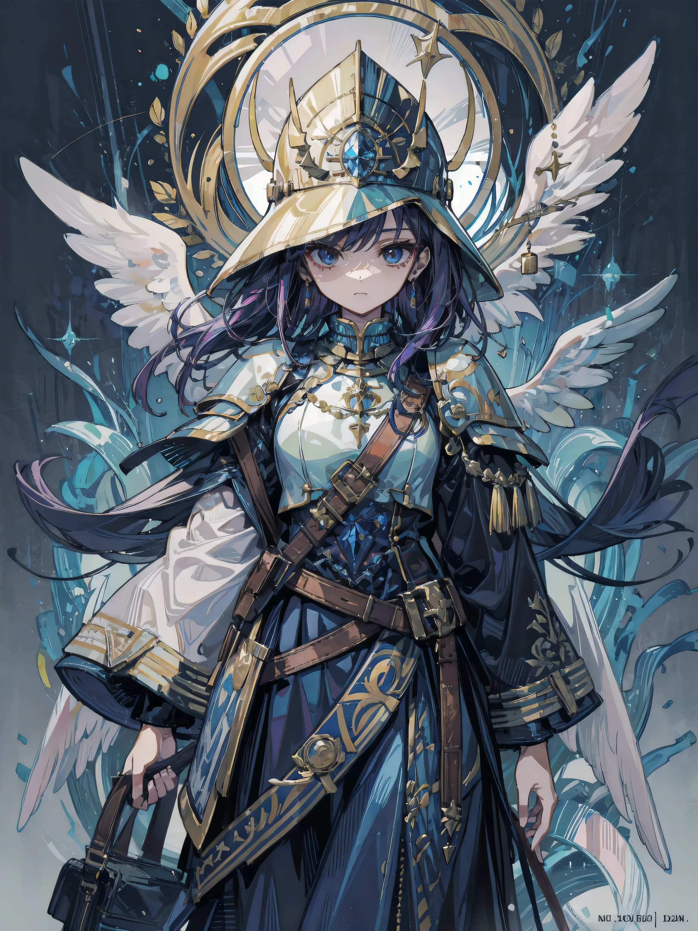 Fire effect, Paladin, Blue Armor, Blue Helmet, Decorated with jewels, Gold embroidery, Long skirt, angelic,
