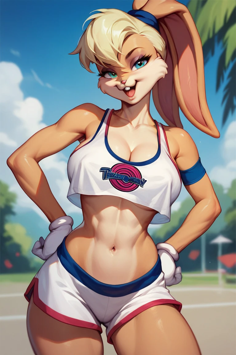 Lola bunny has large breasts and she is touching her giant