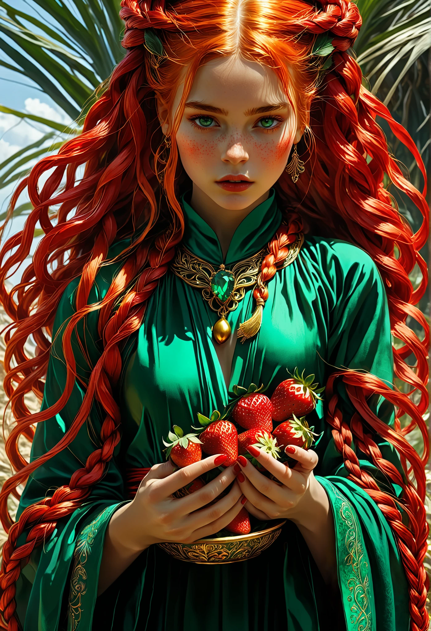 A young woman, small enough to fit in the palm of a giant, with fiery golden-red braids and an emerald robe, cowers within the vast expanse of a colossal humanoid hand. Her eyes are wide with fear as she glances up at the unseen giant. In the giant's palm, near her, is a delicate plate piled with bright red strawberries. The scene highlights her vulnerability and the immense size of the hand
